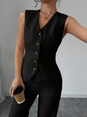 Gökyüzü Moda Kadın Askılı Önden Düğmeli Bluz ve Pantolon Keten Ikili Takım