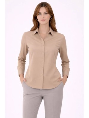 Tua Moda Uzun Kollu Gömlek Düğmeli Klasik Yaka Günlük ve Ofis Şıklığına Uygun - Bej
