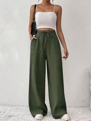 Serac Collection Kadın Yüksek Bel Önden Bağlamalı Geniş Kesim Keten Pantolon