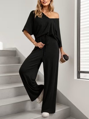 Gökyüzü Moda Kadın Kısa Kollu V Yakalı Viskon Bluz ve Pantolon Ikili Takım