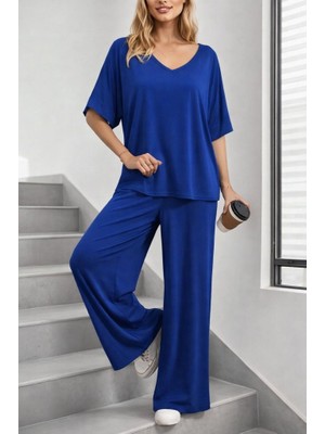 Gökyüzü Moda Kadın Kısa Kollu V Yakalı Viskon Bluz ve Pantolon Ikili Takım