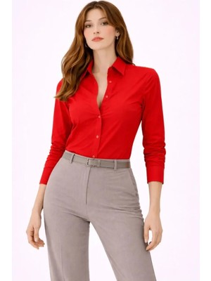 Kendim Fashion Uzun Kollu Gömlek Düğmeli Klasik Yaka Günlük ve Ofis Şıklığına Uygun - Kırmızı