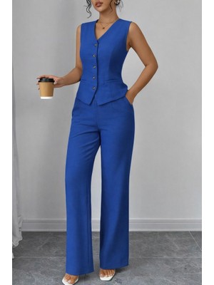 Barış Beauty Kadın Askılı Önden Düğmeli Bluz ve Pantolon Keten Ikili Takım