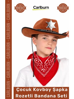 Carlburn #kostüm Western Parti Doğum Günü Kostüm Çocuk Kovboy Şapka Rozetli Kahverengi Kırmızı Bandana Seti