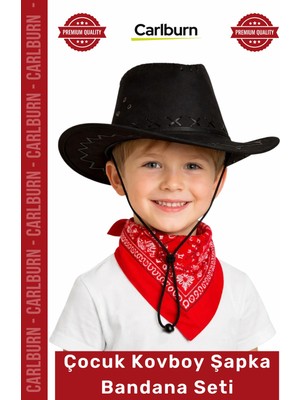 Carlburn #kostümseti Western Temalı Şık Kostüm Aksesuarı Çocuk Kovboy Şapka Siyah Kırmızı Bandana Seti