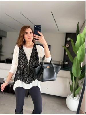 Mericline Kadın Uzun Kollu Asimetrik Kesim Bluz ve Dantel Güpür Transparan Detay Fermuarlı Yelek Ikili Takım