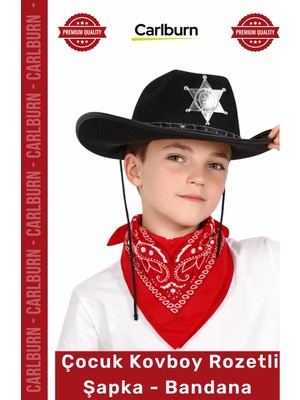 Carlburn Özel Üretim Western Parti Kostüm Sheriff Rozet Şık Çocuk Kovboy Şapka Rozetli Siyah Kırmızı Bandana