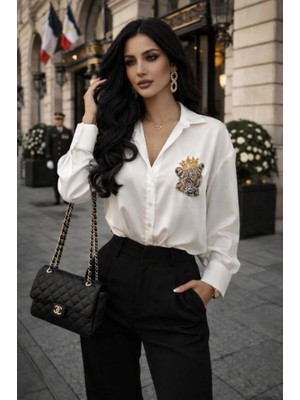 Kendim Fashion Kadın Leopar Baskılı Taş Işlemeli Jessica Kumaş Gömlek