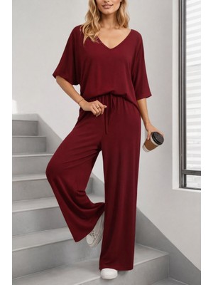 Arben Boutique Kadın Kısa Kollu V Yakalı Viskon Bluz ve Pantolon Ikili Takım