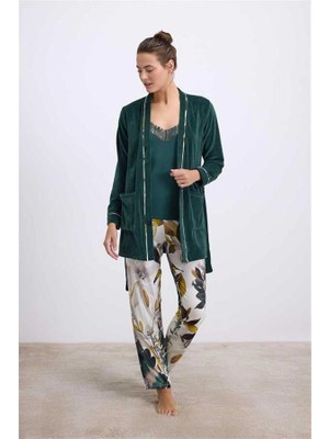 Aria's Closet Arias Closet Kadife Sabahlık, Dantelli Atlet ve Desenli Pantolon Pijama Takımı