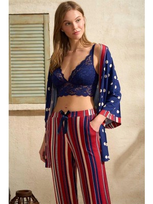 Aria's Closet Arias Closet Viskon Puantiyeli Sabahlık Balensiz Desteksiz Dolgusuz Dantelli Bralet Sütyen ve Çizgili Pantolon Pijama 3'lü Takım