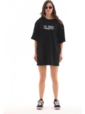 Pilelistore- Unisex Bisiklet Yaka Baskılı Oversize T-Shirt - Siyah