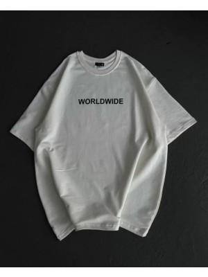 Pilelistore- Unisex Bisiklet Yaka Baskılı Oversize T-Shirt - Beyaz