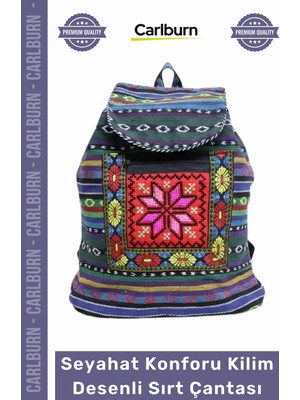 Carlburn #çanta Etnik Tasarım Geniş Hacim Yumuşak Dokulu Dayanıklı Seyahat Konforu Kilim Desenli Sırt Çantası