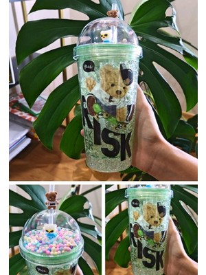 MiraLive Sevimli Ayıcık Temalı Çift Katman 450 ml Suluk Pipetli Mika Yeşil 2726