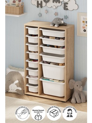 Bofigo 14 Sepetli Dolap Çok Amaçlı Dolap Oyuncak Dolabı Rüya Safir Meşe