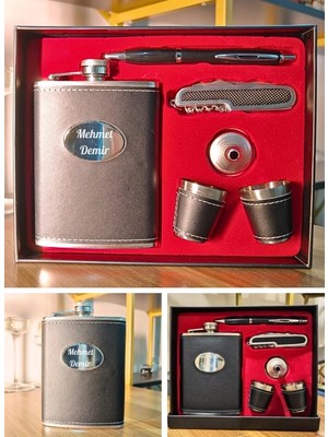 MiraLive Isme Özel Çelik Matara Hediye Seti Deri Kaplamalı 2 Shot Bardaklı Çok Işlevli Çakı ve Kalemli Içki K