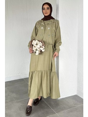 Julude Gülseli Düz Elbise Taş Işlemeli Ceket Tesettür Ikili Takım P-00020484