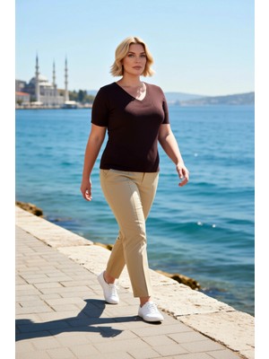 Benerly Kadın Bluz Triko V Yaka Kısa Kol Düz Desen Standart Kalıp Ince Tek Plaka Dokuma Regular Boy