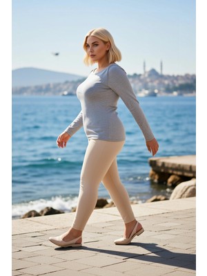 Benerly Kadın Büyük Beden Bluz Kayık Yaka Uzun Kol Fitilli Örme Kumaş Düz Desen Vücuda Oturan Kesim