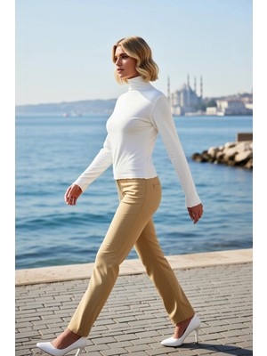 Benerly Kadın Büyük Beden Bluz Dik Yaka Uzun Kol Örme Fake Triko Transparan Ultra Hafif Düz Fitted