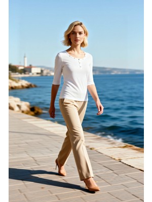 Benerly Kadın Büyük Beden Bluz V Yaka Standart Kısa Kol Ribana Dokulu Örme Çıtçıt Detaylı Şık