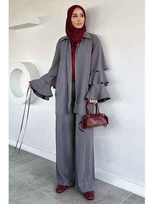 Julude Gülseli Kol Fırfırlı Tunik Bel Lastikli Pantolon Tesettür Ikili Takım P-00020481