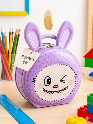 MiraLive Sevimli Labubu Figürlü Kilitli Metal Kumbara - Çocuklar Için  Para Biriktirme Kutusu Pembe - Mor