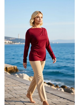 Benerly Kadın Bluz Fitted Asimetrik Yaka Uzun Kol Örme Ribana Düz Desenli Yumuşak Dokulu Esnek Kumaş