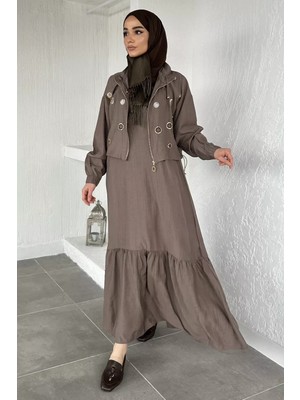 Julude Gülseli Düz Elbise Taş Işlemeli Ceket Tesettür Ikili Takım P-00020484