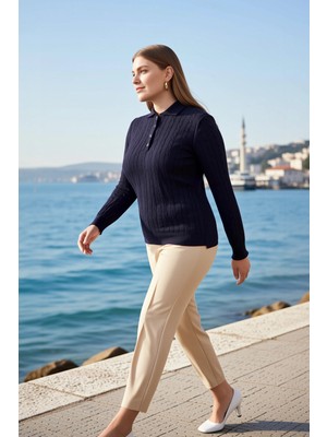 Benerly Kadın Bluz Triko Polo Yaka Saç Örgülü Uzun Kol Ince Regular Kalıp Tek Plaka Dokuma Örgü Deseni