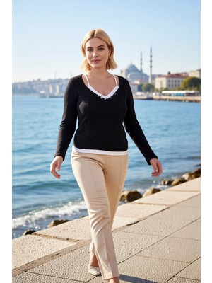 Benerly Kadın Büyük Beden Bluz V Yaka Uzun Kol Örme Kumaş Çıtçıt Detaylı Fitted Kalıp Waffle Dokuma