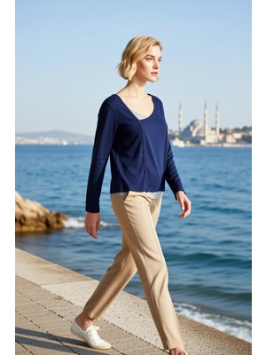 Benerly Kadın Büyük Beden Bluz Asimetrik Yaka Uzun Kol Penye Süprem Örme Kumaş Fitted Kalıp