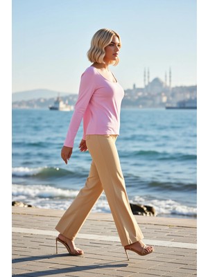 Benerly Kadın Büyük Beden Bluz U Yaka Uzun Kol Fitted Kalıp Düz Desen Örme Kumaş Regular Boy