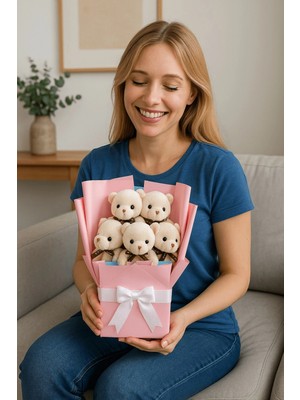MiraLive Peluş Ayıcık Buketi Bej – 5’li Sevimli Teddy Bear Aranjmanı | Hediyelik ve Dekoratif