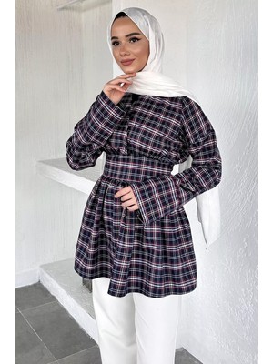 Julude Gülseli Kadın Kruvaze Yaka Ekose Desenli Tesettür Tunik P-00020428