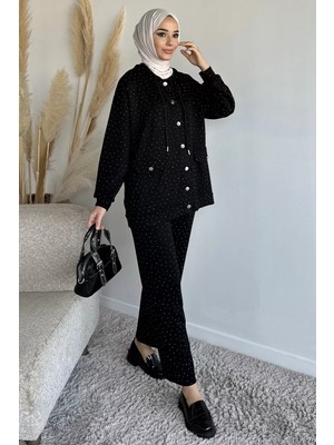 Julude Kapüşonlu Taşlı Hırka Pantolon Tesettür Ikili Takım P-00019335