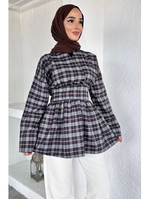 Julude Gülseli Kadın Kruvaze Yaka Ekose Desenli Tesettür Tunik P-00020428