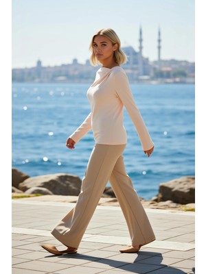 Benerly Kadın Bluz Fitted Asimetrik Yaka Uzun Kol Örme Ribana Düz Desenli Yumuşak Dokulu Esnek Kumaş