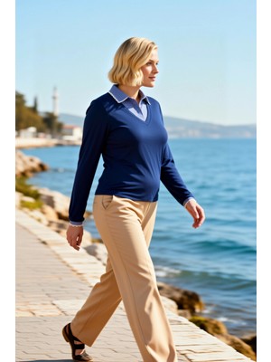 Benerly Kadın Büyük Beden Bluz Polo Yaka Uzun Kol Regular Kalıp Düz Desen Örme Kumaş Penye Süprem