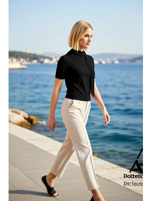 Benerly Kadın Bluz Kendinden Fular Yaka Kısa Kol Triko Ince Düz Regular Kalıp Tek Plaka Dokuma