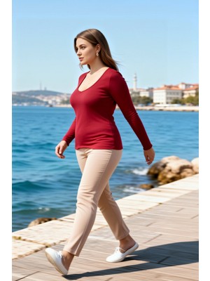 Benerly Kadın Bluz V Yaka Fitted Kalıp Uzun Kol Örme Kaşkorse Dokuma Düz Desen Esnek Yapı Gündelik Kullanım
