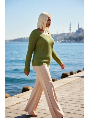 Benerly Kadın Büyük Beden Bluz V Yaka Uzun Kol Gofre Dokulu Örme Kumaş Regular Kalıp Düz Desen Şık