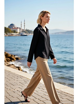 Benerly Kadın Büyük Beden Bluz Polo Yaka Düğme Detaylı Uzun Kol Çizgili Interlok Örme Regular Kalıp