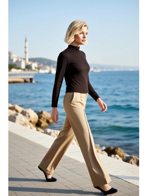 Benerly Kadın Büyük Beden Bluz Dik Yaka Uzun Kol Örme Fake Triko Transparan Ultra Hafif Düz Fitted