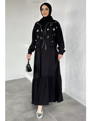 Julude Gülseli Düz Elbise Taş Işlemeli Ceket Tesettür Ikili Takım P-00020484
