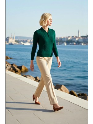 Benerly Kadın Bluz Triko Polo Yaka Saç Örgülü Uzun Kol Ince Regular Kalıp Tek Plaka Dokuma Örgü Deseni