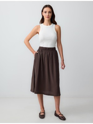 Jimmy Key Acı Kahve Yüksek Bel Rahat Kesim Dokuma Midi Etek