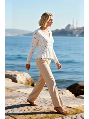 Benerly Kadın Büyük Beden Bluz V Yaka Uzun Kol Gipeli Kaşkorse Örme Puantiyeli Desenli Fitted Kalıp