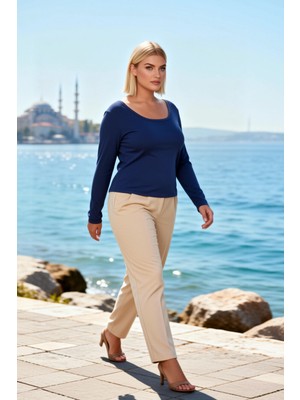 Benerly Kadın Büyük Beden Bluz U Yaka Uzun Kol Fitted Kalıp Düz Desen Örme Kumaş Regular Boy